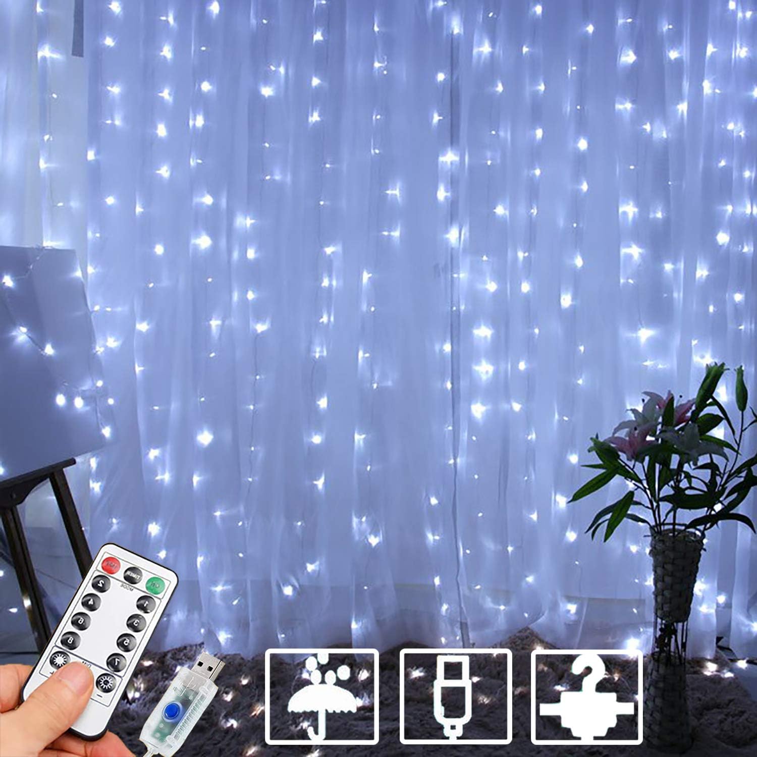 Curtain Fairy Lights, 3m×3m 300LED String Lights with 8 Modes Remote