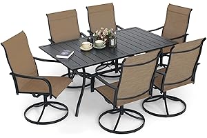 Virvla 7-Piece Outdoor Patio Dining Set, 6 Swivel Rocking Patio Chairs & 1 Rectangular Dining Table for for Backyard Front Porch Pool Deck Outdoor Furniture Set - Brown