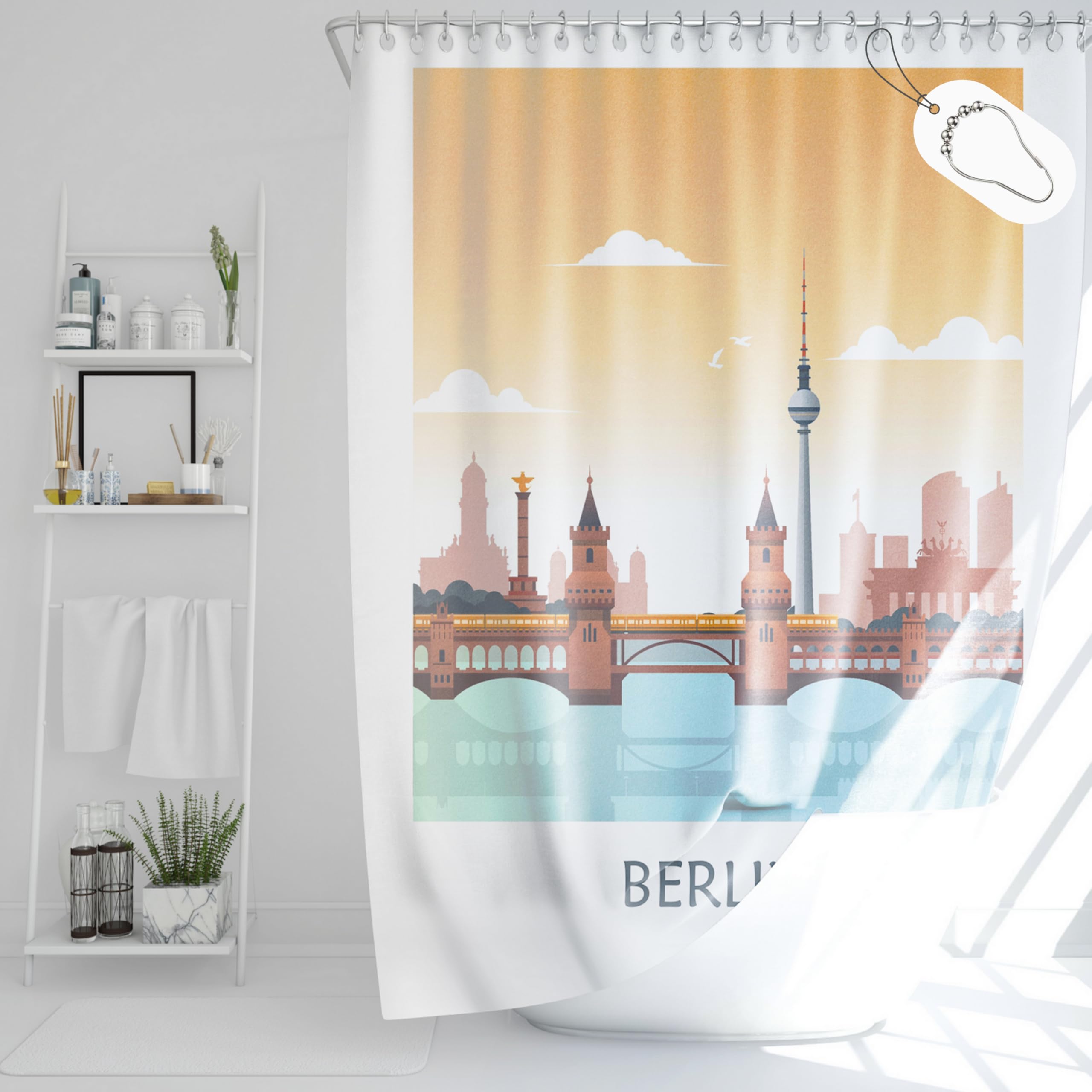 Drophop Shower Curtain Textile 180 x 200 cm Yellow / Orange Berlin Motif 100% Polyester Weighted Hem Opaque Waterproof Washable Anti-Mould Coating Includes 12 Stainless Steel Rings