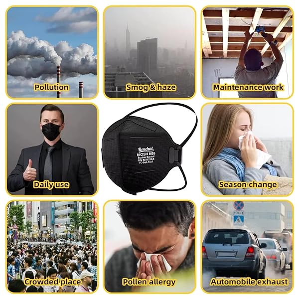N95 FACE MASK BLACK 50 PACK NIOSH CERTIFIED N95 DISPOSABLE RESPIRATOR 5-PLY SAFETY BREATHABLE FACE MASKS FILTER EFFICIENCY 95% ADJUSTABLE COMFORTABLE PROTECTION AGAINST PM2.5 DUST FOR ADULT MEN WOMEN