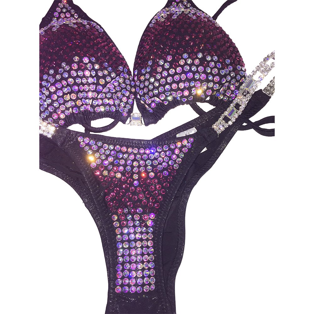 Competition Bikini Black with Rose Crystal Rhinestones Triangle Push Up