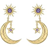 Coadipress Moon Sun Star Earrings for Women Girls Dainty 14K Gold Crescent Moon Star Asymmetrical Dangle Drop Planet Earrings Fashion Valentine's Day Gift Jewellry