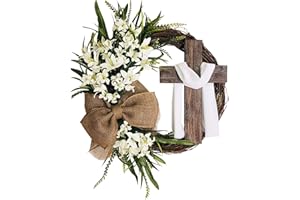 Large Easter Wreath for Front Door, Artificial Christian Cross Wreath with Burlap Bow Lilies & Grape Vines, Spring Holiday Ha