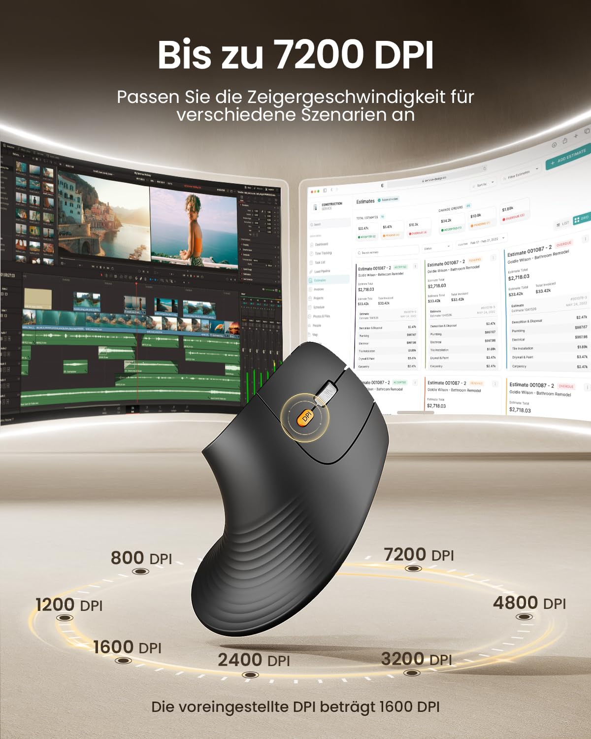 ProtoArc EM11 Pro Ergonomische Vertikale Maus mit Seitenscroll, Anpassbare Tasten, 2*Bluetooth + 2,4G Kabellos, Wiederaufladbar, Vertikal Funkmaus für Büro PC/Mac/Windows/Linux 6
