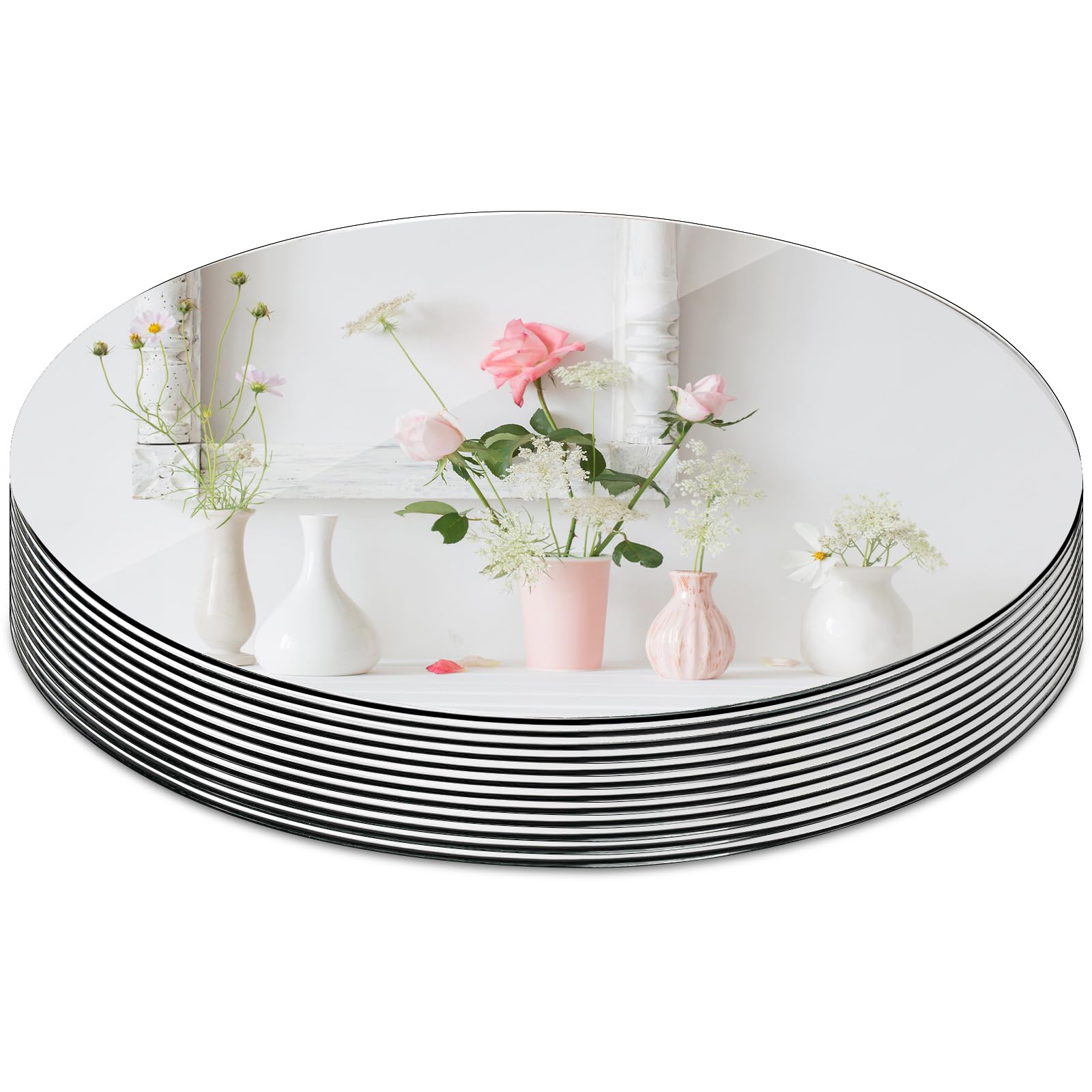 Photo 1 of Suwimut Set of 12 Round Mirror Trays, 10 Inch Glass Mirrors Candle Plate Large Circle Mirrors Wall Mount Glass Mirror Tiles for Table Centerpieces, Crafts, Wedding, Party Decorations