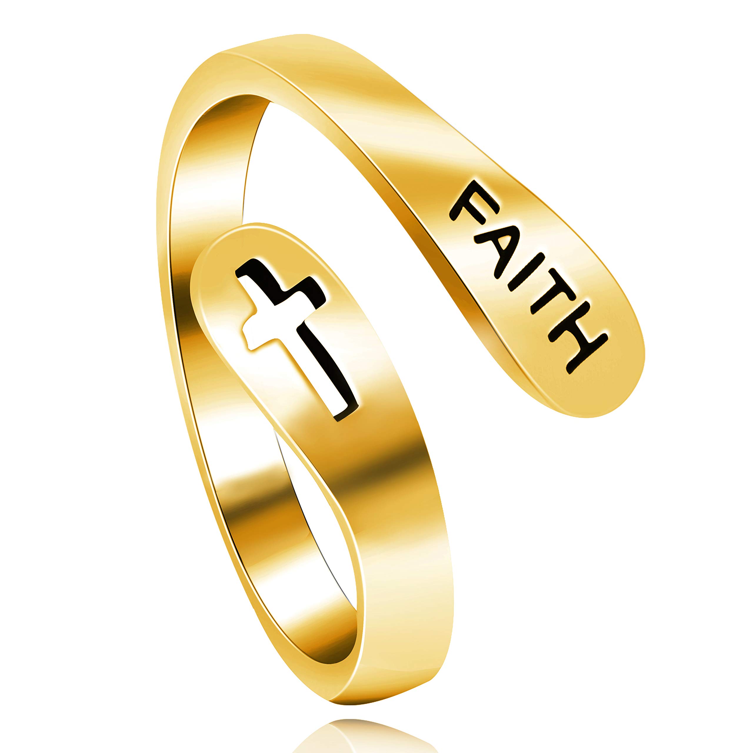 Uloveido Girl's 925 Sterling Silver Alphabet FAITH Open Ring, Hollow Cross Wrap Adjustable Rings Religious Jewelry Gifts Y531 (Gold)