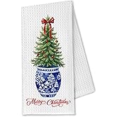 OTOUO Chinoiserie Christmas Kitchen Towels, Blue and White Chinoiserie Decor Christmas Tree Hand Towels, Coquette Red Bow Christmas Dish Towels Tea Towels, Grandmillennial Home Decor, 16x24 Inch