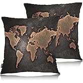 Swono World Map Throw Pillow Cases Pack of 2, Vintage Map Seven Continents Square Cushion Covers Decor Pillow Covers for Couch Sofa Home Farmhouse Decoration 18 X 18 Inches Pillowcases, Brown