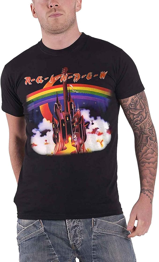 Rainbow T Shirt Silver Mountain Band Logo Official Mens Black Amazon