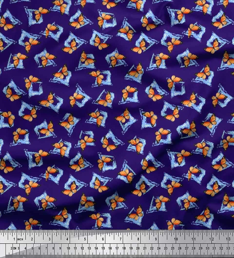 Soimoi Blau Poly Krepp Stoff Textur & Schmetterling Dekor Stoff