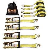VEVOR Ratchet Tie Down Straps (4-Pack), 10000 lb Break Strength, Heavy Duty Double J Hooks, 2" x 27' with Padded Handles - Ideal for Moving, Securing Cargo, Appliances, Lawn Equipment, and More