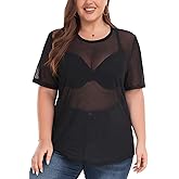 ForHailey Women's Plus Size Glitter Sheer Mesh Short Sleeve Tee Shirt Top