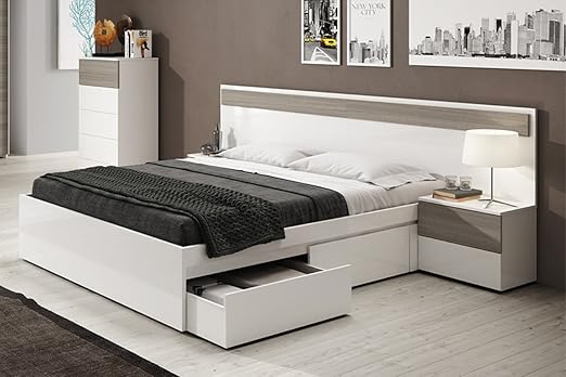 Cabezal Con 2 Mesitas De Noche Con Cajones Color Blanco Brillo Y