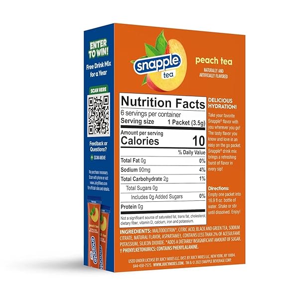 SNAPPLE ON THE GO SUGAR FREE DIET PEACH TEA POWDERED DRINK MIX 6 STICKS PER BOX – PACK OF 3 (3)