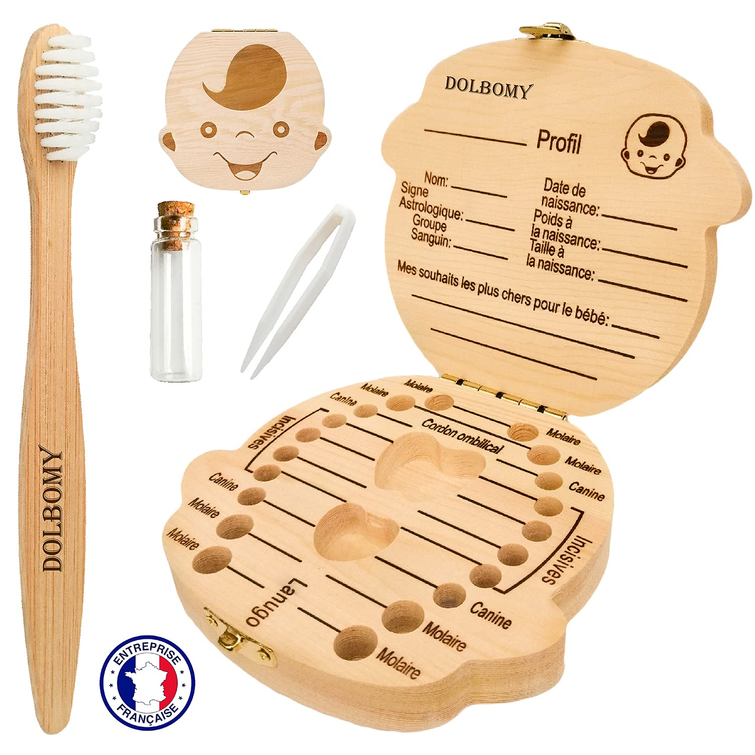 Dolbomy Milk Tooth Box for Girls and Boys in French – Includes Bamboo Toothbrush – Keep and Protect These Little Memories of Childhood – Baby Newborn Gift (Boy)