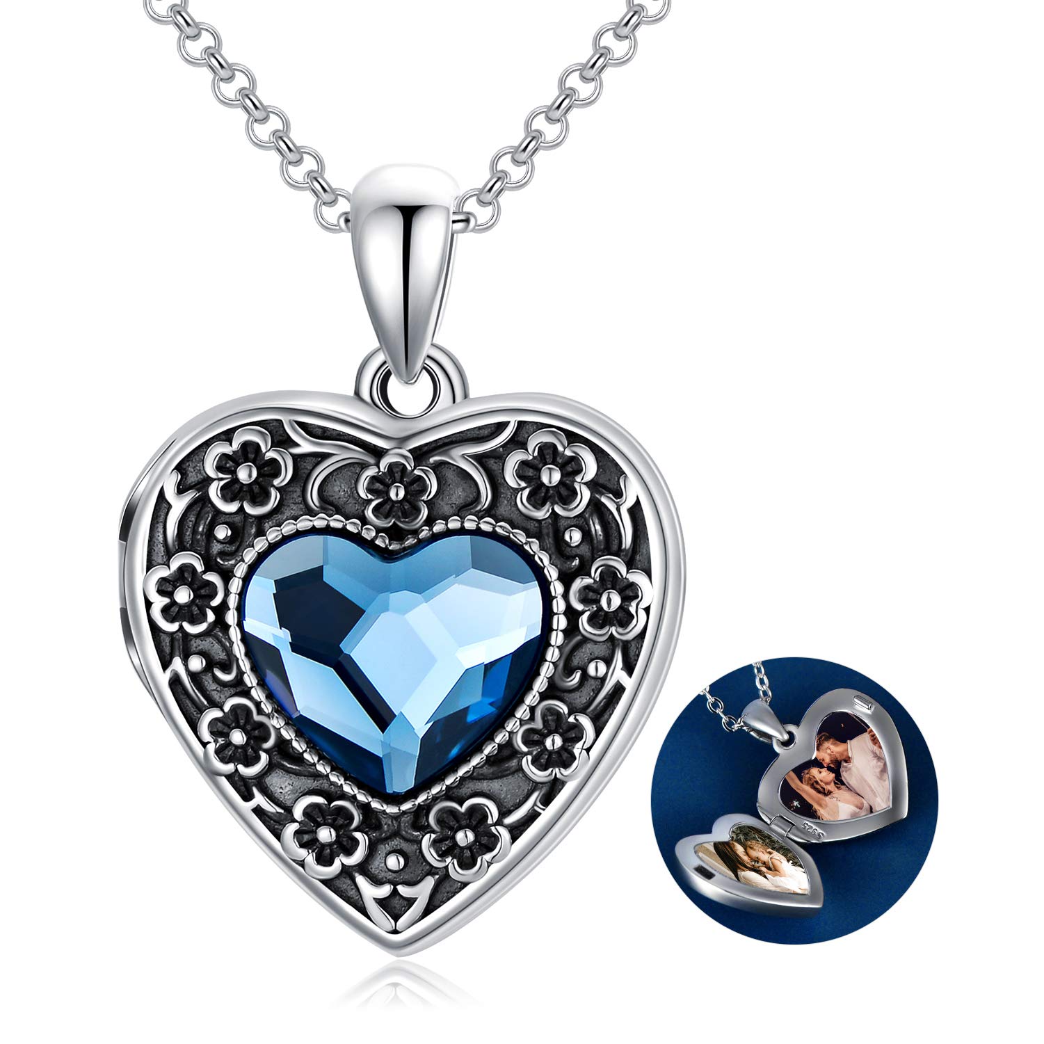 AOBOCO Heart Locket Necklace That Holds Pictures Sterling Silver Flower Lockets Jewellery for Women - Always in My Heart (Blue Crystal)