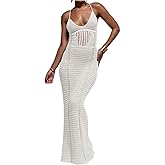 GORGLITTER Women's Crochet Knit Maxi Dress Lace Up Bodycon Beach Cover up Dresses