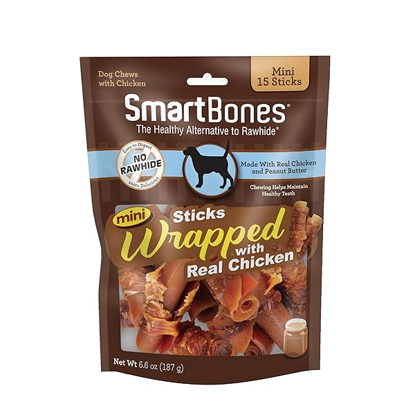 SMARTBONES MINI CHICKEN-WRAPPED STICKS FOR DOGS WITH REAL PEANUT BUTTER, RAWHIDE-FREE DOG CHEW, 15 COUNT