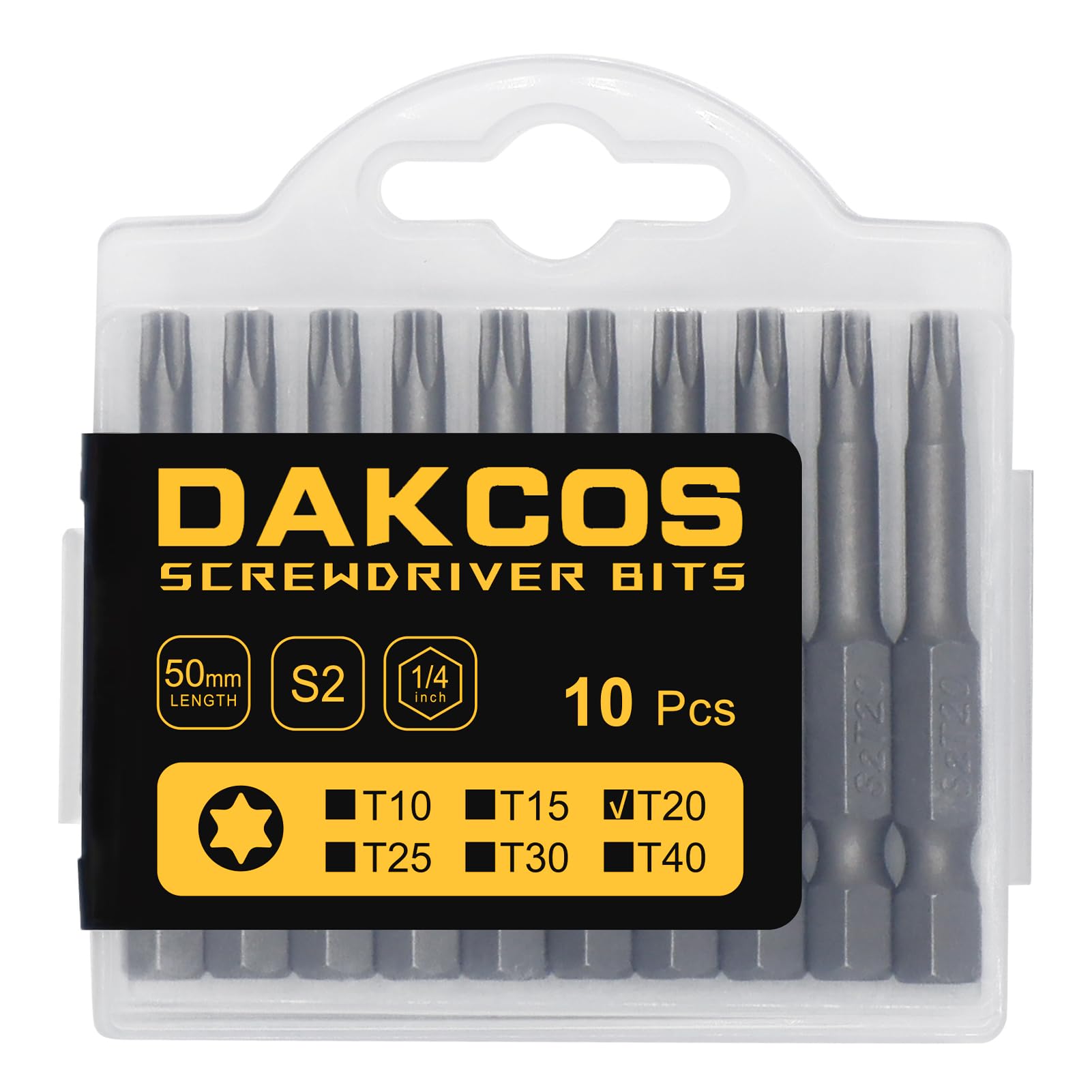 DAKCOS T20 Impact Driver Bit Set, 10PCS 1/4" Torx & Screwdriver Bits, Premium S2 Alloy Steel, 50mm Long