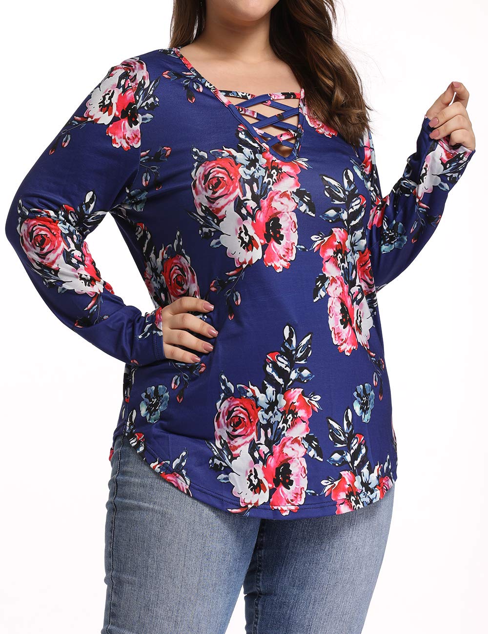 caidyny Floral Print Shirt Long Sleeve Casual V Neck Tops Blouse Fall Shirts for Women Blue