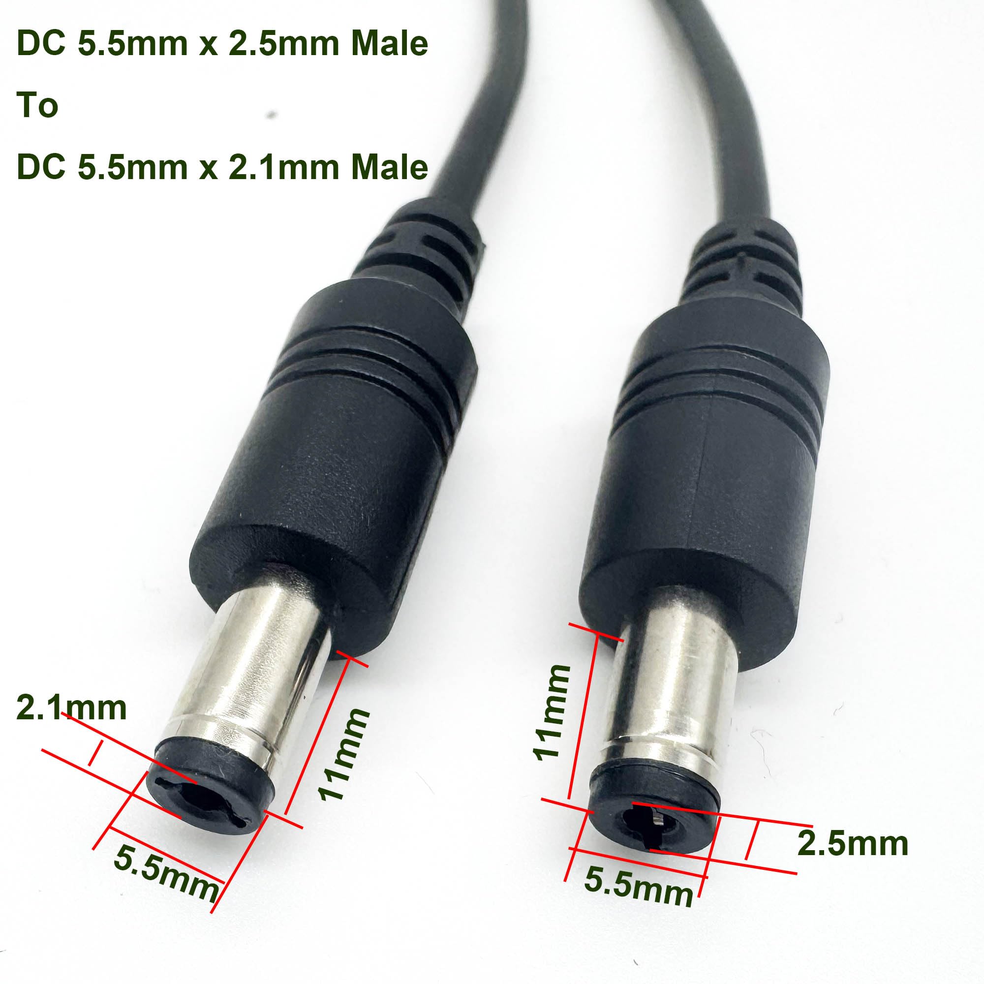 UpperFu 2pcs DC Power Plug 5.5mm x 2.5mm Male Plug to 5.5mm x 2.1mm Male Adapter Connector Cable Cord 60cm 18AWG for LED Strip, Surveillance Camera,CCTV Security Camera,LED Display,IP DVR,Router