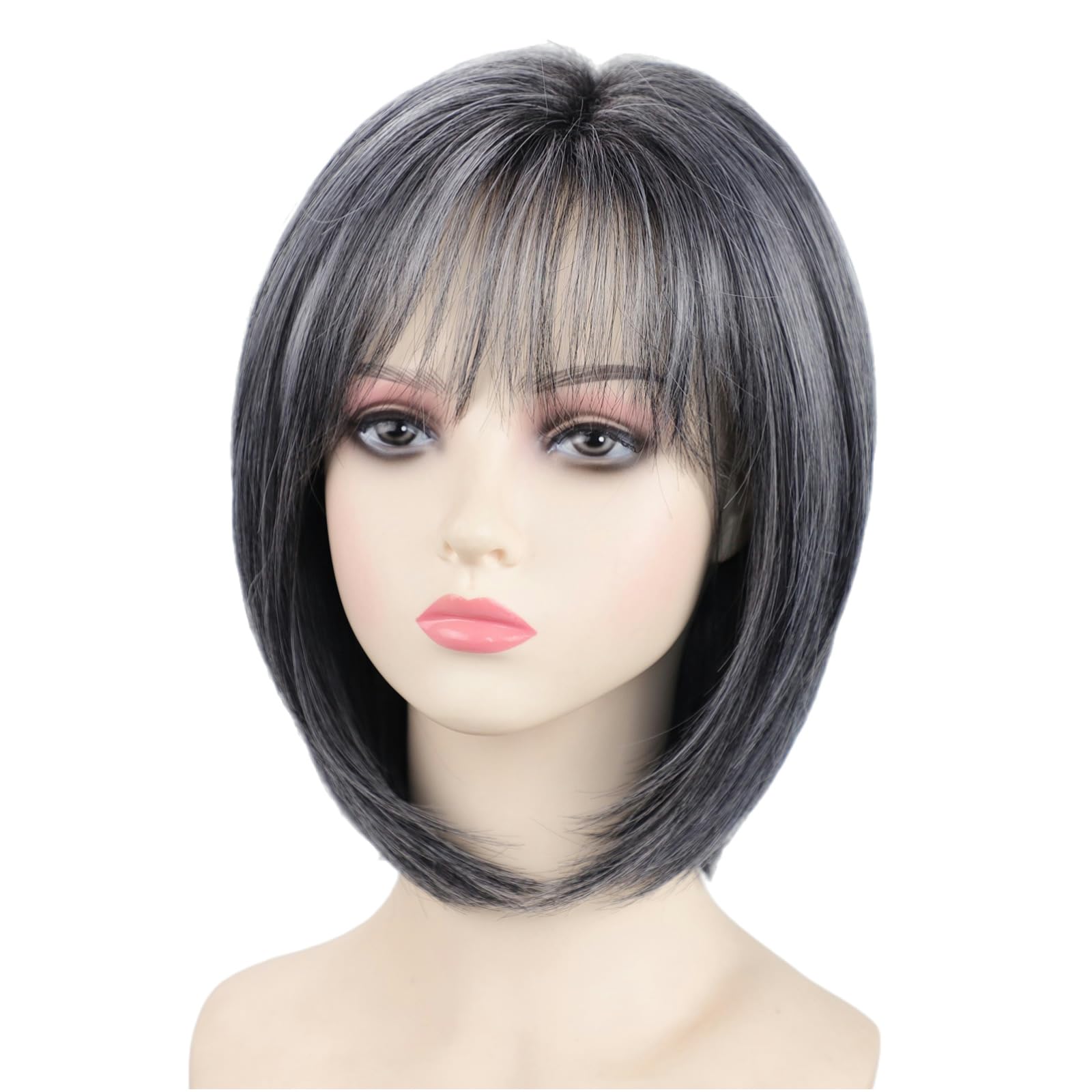 Photo 1 of RENERSHOW Grey Medium Length Bob Wig with Bangs Layered Straight Hair Wigs for Women Salt Pepper Wig with Dark Roots Natural Dark Grey Daily Hairstyle Lightweight Hair Replacement Wig