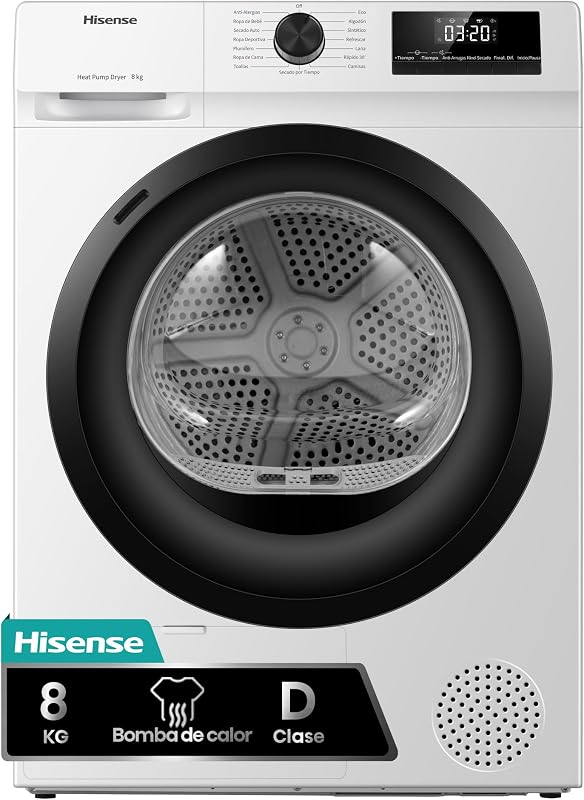 Hisense DHQE800BW2 - Secador de Roupa, 8Kg, Classe A++, 60cm Largura, 16 Programas, Secagem Automática, Secagem Rápida, Secagem Antirrugas, Bomba de Calor, Secagem Ion Refresh, Branco