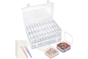 YUX-DTDSU Bead Organizer Box with Hinged Lid, 74PCS Craft Storage Containers with 2Pcs Tweezers and Labels, Small Clear Plast