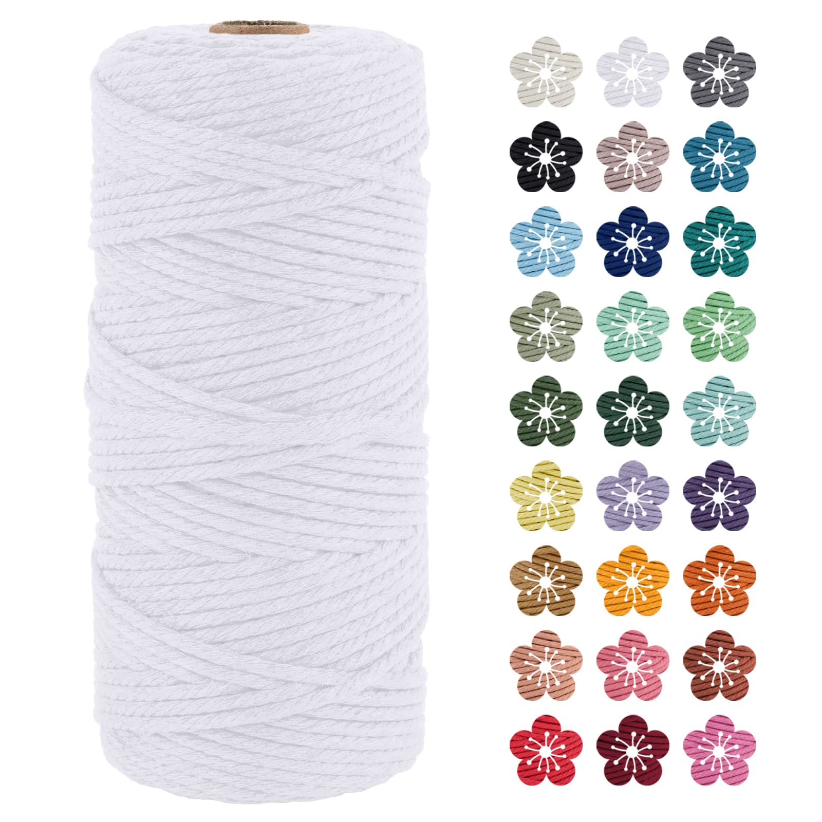 LEREATI Macrame Cord 3mm x 100m, Thick Macrame Rope Natural Cotton Rope Craft String, 4 Strand Twisted Cotton Cord Yarn for DIY Plant Hanger, Wall Hanging, Christmas Decoration (White)
