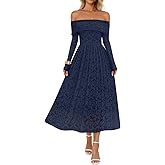 MEROKEETY Women's 2025 Fall Long Sleeve Floral Midi Dress Off Shoulder Wedding Guest Formal Long Flowy Dresses