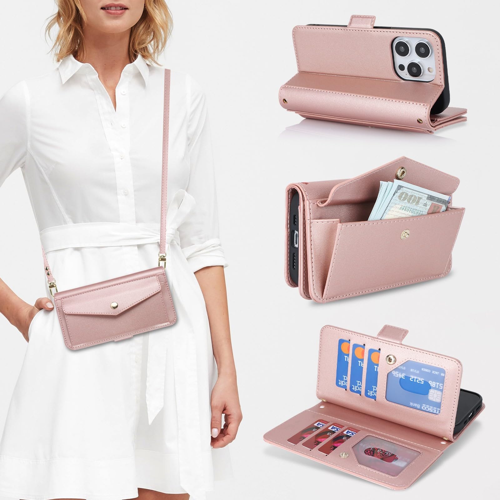 Zouzt for iPhone 15 Pro Wallet Case for Women, Purse with Credit Card Holder Slots Crossbody Lanyard Strap Flip Folio Book Shockproof Protective Cover for Apple iPhone 15 Pro 6.1 Inch (Pink)