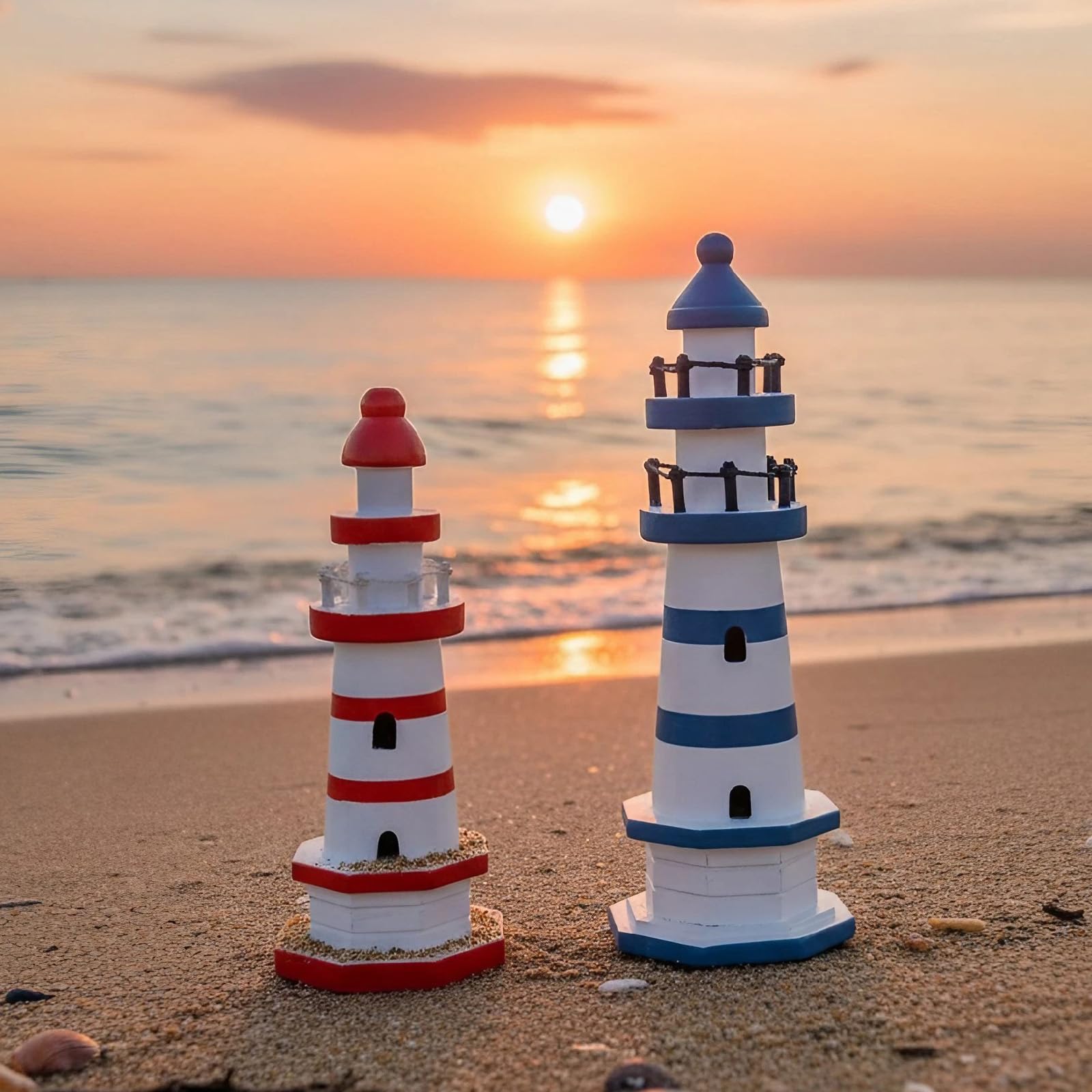 Photo 1 of NAUTIMALL Wooden Lighthouse Nautical Decor for Home, Kids Room, Set of 2, Red and Blue, Decorative Sculpture, Coastal Decorative Statue