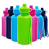 4E's Novelty Bulk Water Sports Bottles for Kids 18 oz - 12 Pack Squeeze Reusable Plastic, Neon Colors, BPA Free, Kids Water Bottles Party Favor Gift Giveaways, End of Year Student Gifts from Teacher