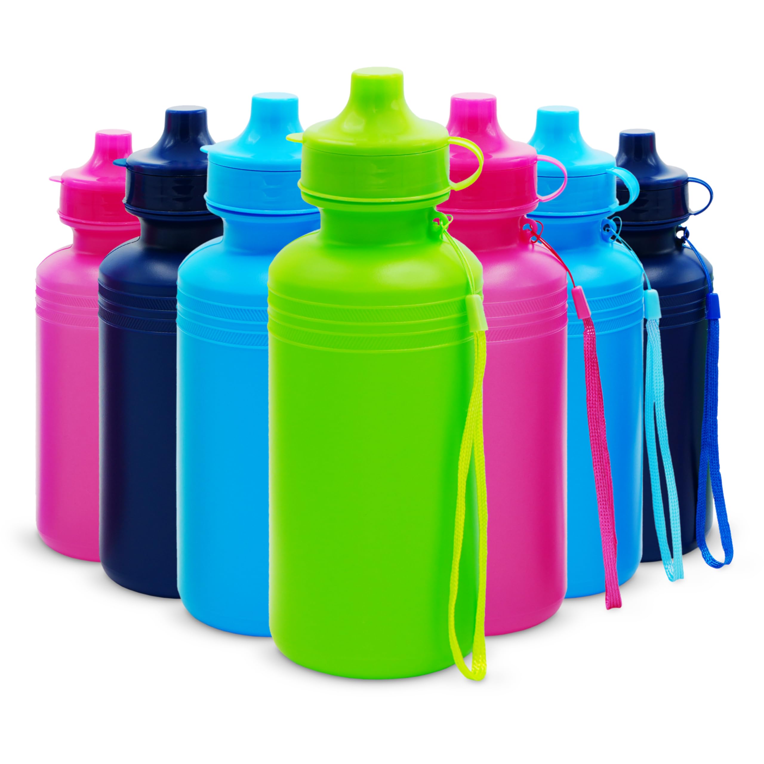 4E's Novelty Bulk Water Sports Bottles for Kids 18 oz - 12 Pack Squeeze Reusable Plastic, Neon Colors, BPA Free, Kids Water Bottles Party Favor Gift Giveaways, End of Year Student Gifts from Teacher