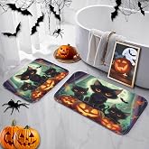 Britimes Bathroom Rug Mat Set of 2, 16x24 + 20x32 Inch, Halloween Cute Cat | Pumpkin Moon Washable Cover Floor Rug Carpets Floor Bath Mat Bathroom Decorations