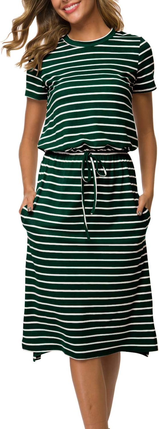 Womens Adjustable Waist Line Midi Dress with Pockets