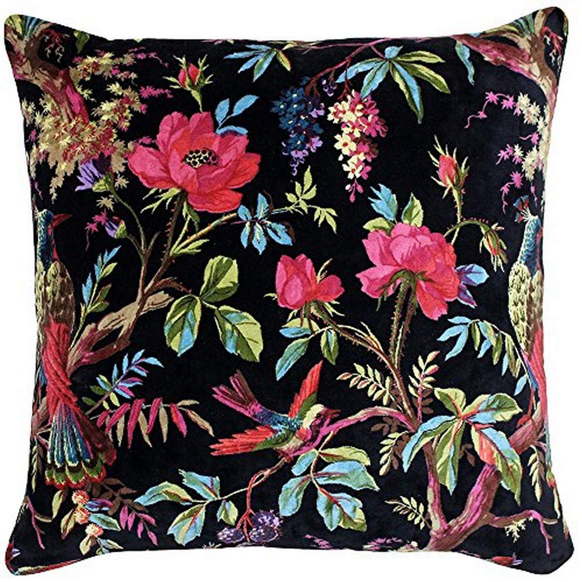 Paoletti Paradise Square Cushion Cover - Black Colourful Bird Print Velvet Feel Cotton Fabric (50 x 50 cm, Pack of 1) โ image 1