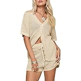 Saodimallsu Womens Crochet Swimsuit Coverup Sets Short Sleeve V Neck Button Tops Drawstring Shorts 2 Piece Beach Outfits
