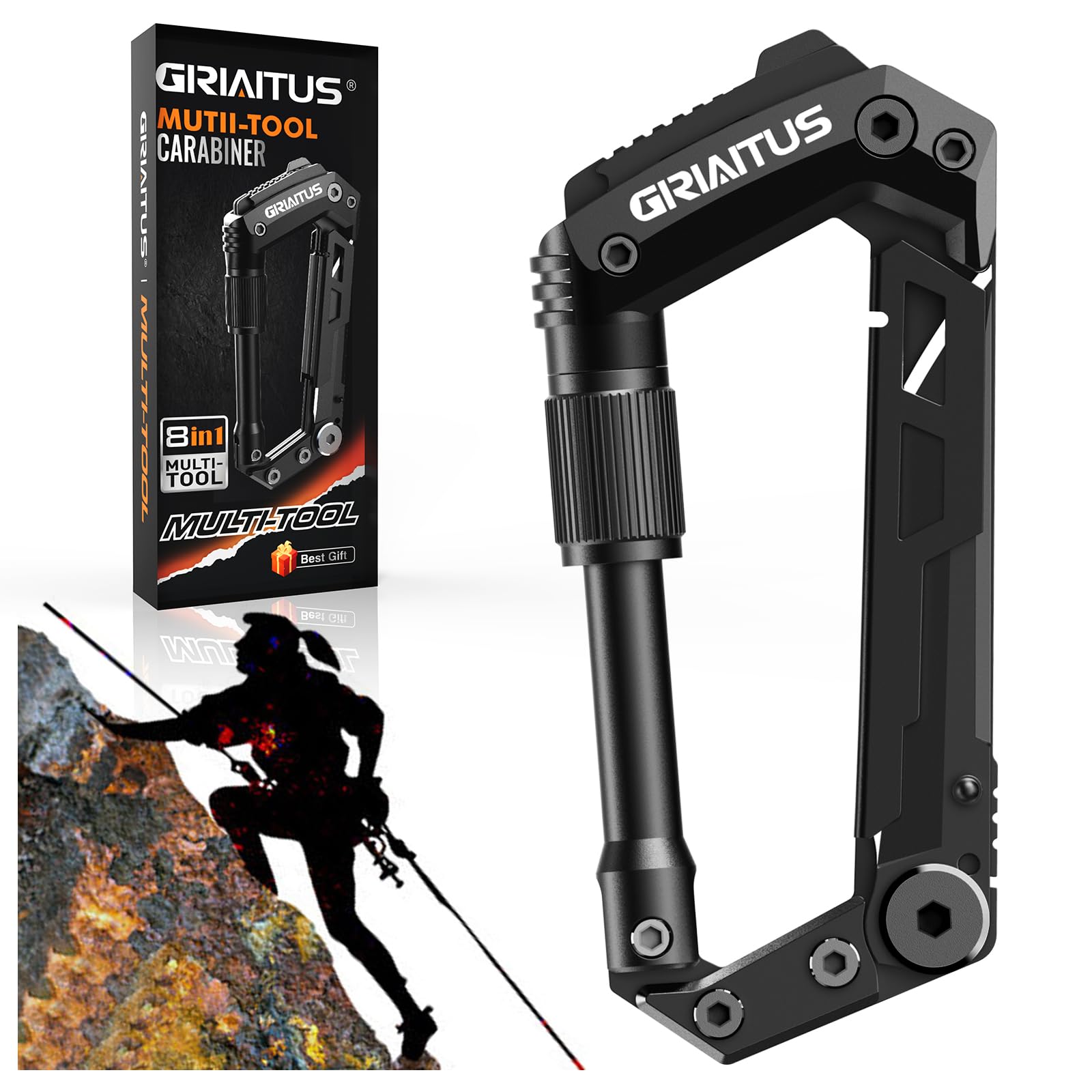 8en1 Karabiner Multitool mit Taschenmesser Säge Seilschneider Schraubendreher Dosen Flaschenöffner Lineal Klappmesser Geschenke für Männer Camping Zubehör Wandern (Schwarz) 8