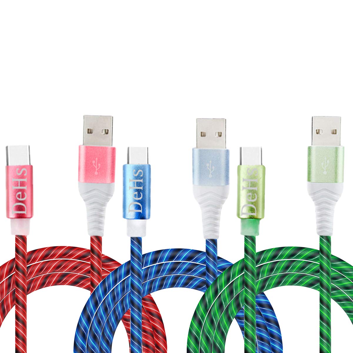 SN-RIGGOR 3 Packs 3A Fast Charging Glow in the Dark Type C Cable Cord Led Light Up USB Type C Charging Cable Led Flowing USB C Charger Cord for Galaxy Note 20 Ultra/Note 10/Note 8/S10 (Blue/Green/Red)