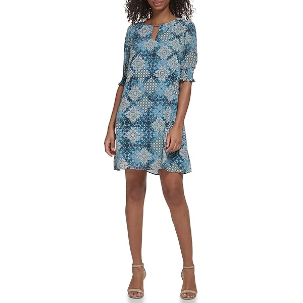 DKNY Puff Sleeve V-Neck Belted Dress Shadow Floral 7858