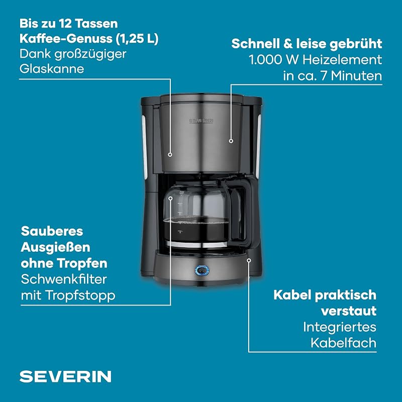 Kaffeemaschine, Kaffeeautomat mit Glaskanne, Durchbrühdeckel und Tropfstopp, Schwenkfilter, Abschaltautomatik, integriertes Kabelfach 1,25 L Füllmenge, 1000 Watt, dark inox, KA 9340