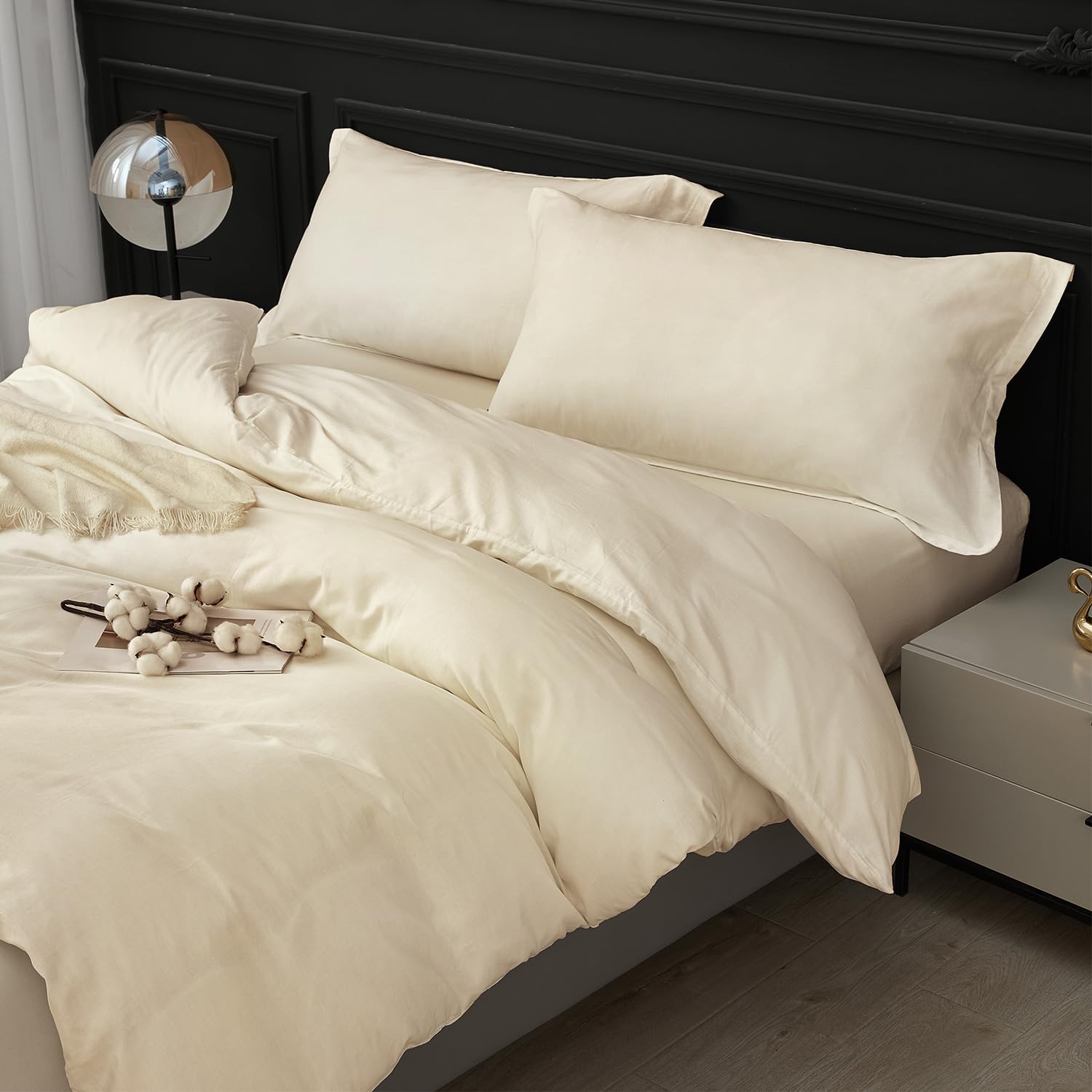 Photo 1 of SAPHREAS 100% Washed Cotton Duvet Cover Queen Size Set, Linen Like Comforter Cover with Zipper Closure & Corner Ties (No Comforter), 90x90 Cream