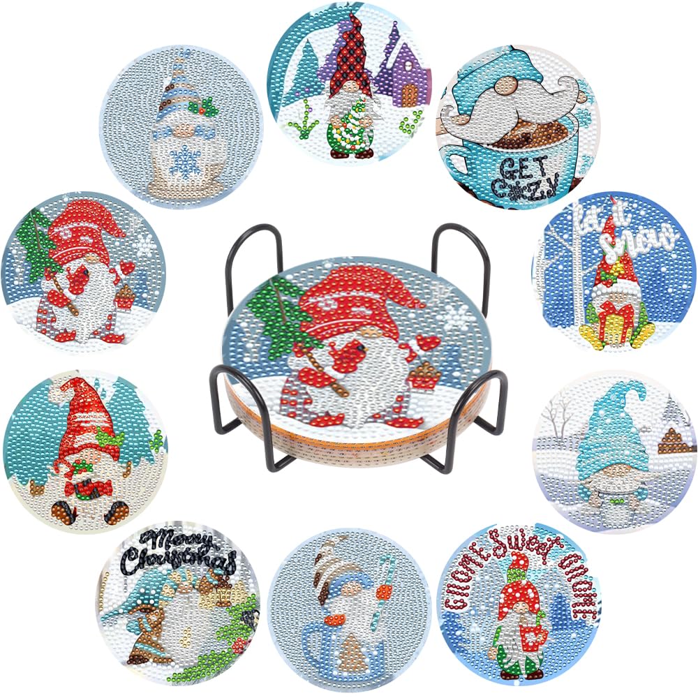 10Pcs Christmas Gnome Diamond Painting Coasters, DIY Christmas Painting Glass Art Coasters Kits Round Full Drill Diamond Art Craft Supplies for Adults Kids, Beginners