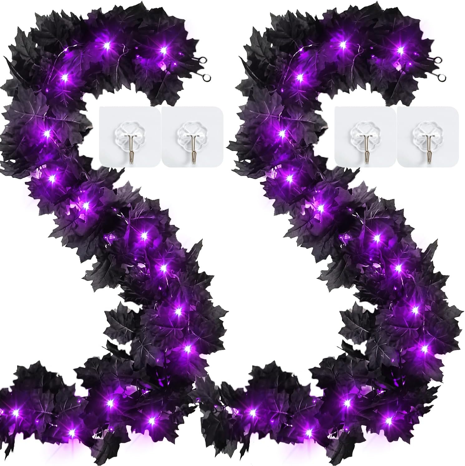 Wreaths, Garlands & Swags - 2 Pack Halloween Garland with Purple Lights 5.9FT 20 LED (Included Batte)Black Artificial Maple Leaves Decor Home Mantle Stairs Indoor, Fall Fake Garland Decorations Hanging Wall Door Outdoor