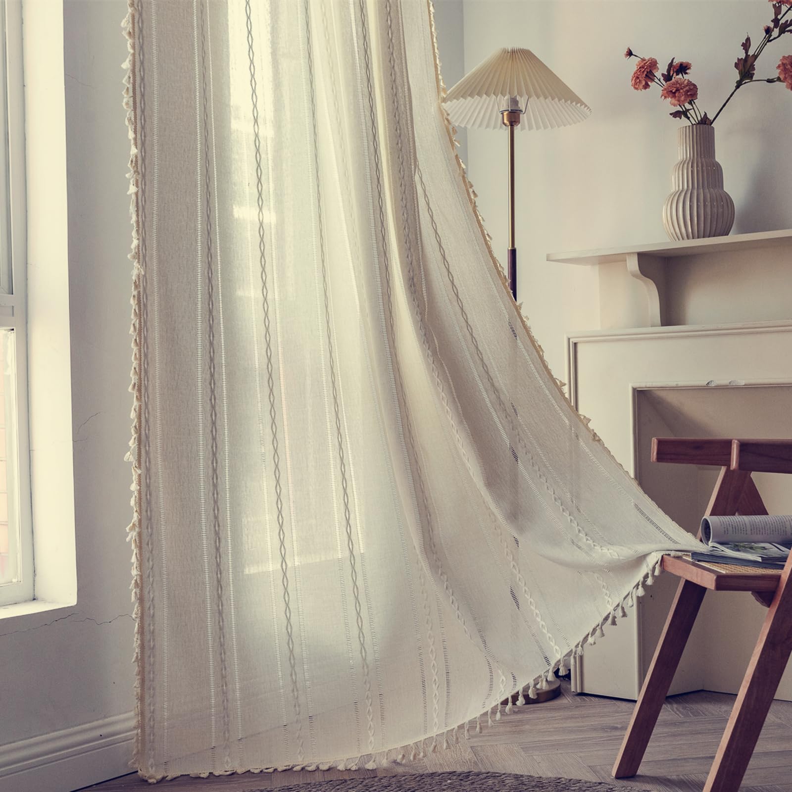 Deeprove Ivory Boho Curtain 63 Inches Length for Kitchen Closet Cafe Decor, Bohemian Hollow Chic Style Tassels, Vintage Farmhouse Country French Window Treatment Drape, Rod Pocket, 1 Panel W52x L63