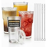 20 oz Ribbed Glass Tumblers with Lids and Straws – Set of 4 Thickened Glassware, Elegant Durable Ribbed Drinking Glasses Bulk for Iced Coffee Cups, Cocktails, Smoothies, Juice, Hot or Cold Beverages