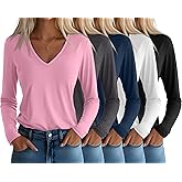 Huukeay 5 Pack Women's T-Shirts V Neck Long Sleeve Tops Casual Loose Fit Layering Shirts Flat Hem Basic Plain Work Tees