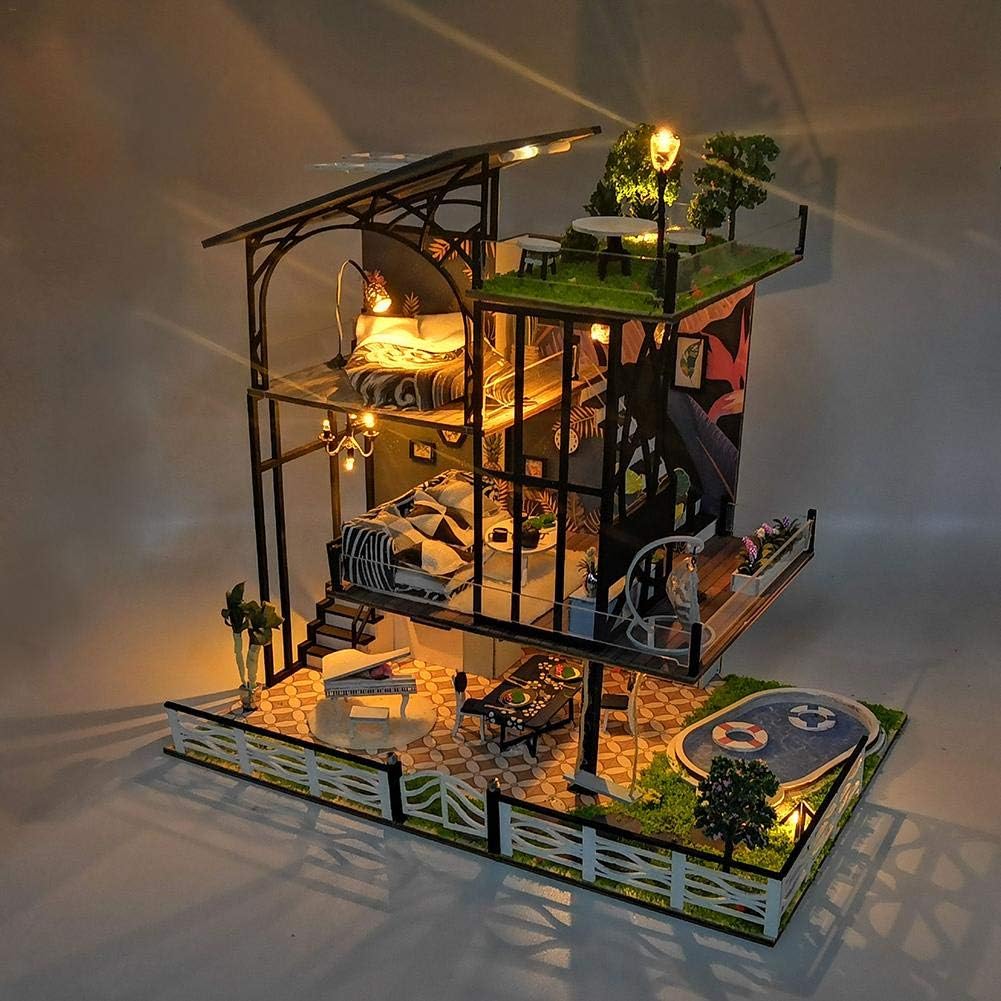 Ranget DIY Dollhouse Miniature Kit Wooden 3D Dollhouse Miniature Assembly Dollhouse Toy with Furniture, Swimming Pools, Gardens for Kids Children