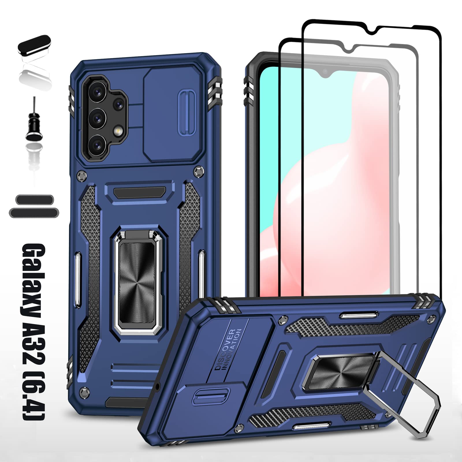 Photo 1 of LMDAMZ Heavy Duty Case for Samsung Galaxy A32(4G), Military Grade Dual Layer Hybrid Cushioning Rubber Bumper Protector with Slide Camera Protector, Built-in 360 Degree Swivel Stand -Blue
